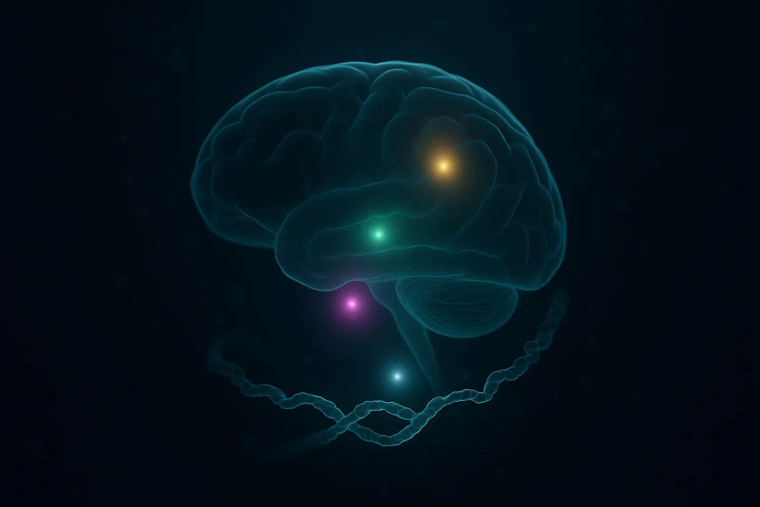 Stylized translucent brain glowing with three luminous nodes representing amygdala, hippocampus, and prefrontal cortex regions wrapped by faint GLP-1 peptide ribbons