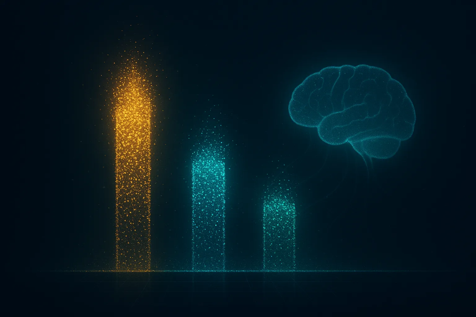 Three vertical luminous particle bars of descending height beside a glowing brain silhouette, abstract data visualization of dementia risk reduction magnitudes
