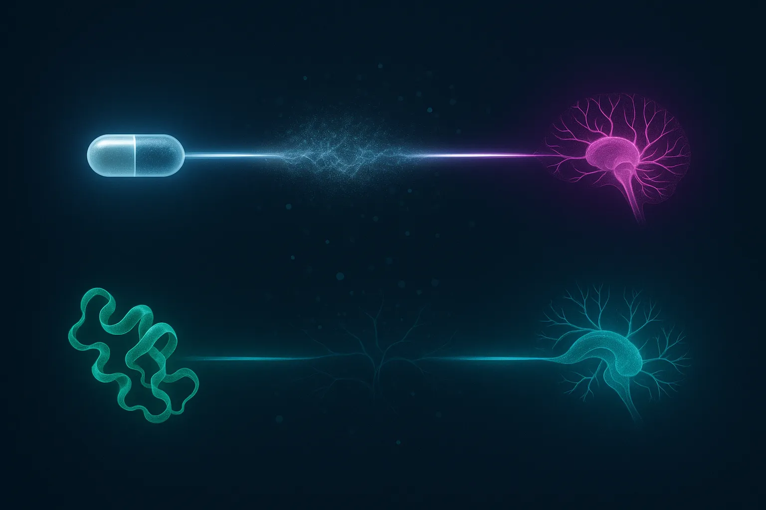 Two parallel glowing pathways: upper from an oral capsule through blood-brain-barrier to violet amygdala node, lower from a peptide ribbon through vascular branches to cyan hippocampus node