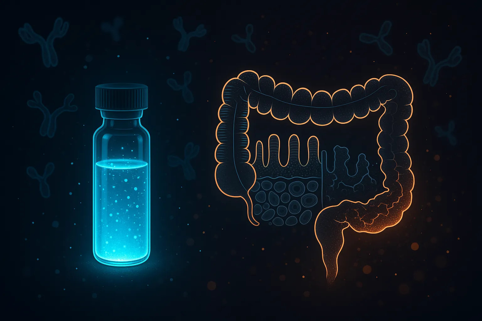 Research peptide vial next to tissue cross-section showing healthy versus damaged colorectal tissue