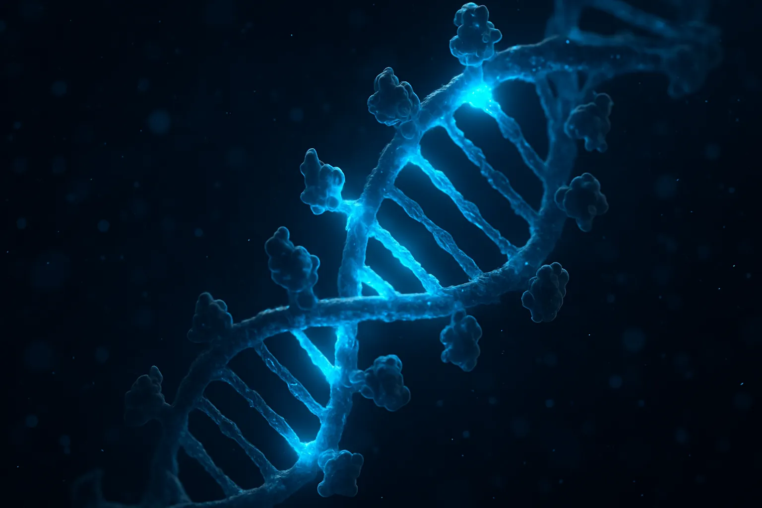 Dark scientific visualization of DNA helix with GLP-1 receptor binding, showing genetic variation concept