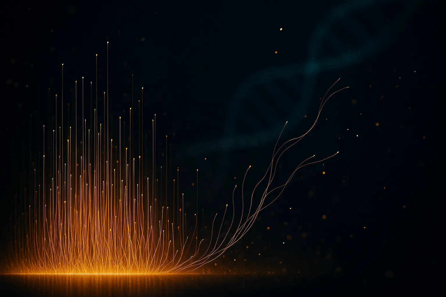 A dense field of fine luminous amber-gold filaments rising from a dark reflective floor, thinning toward the right where several strands detach and dissolve into drifting motes, with a faint out-of-focus teal helix ribbon behind them