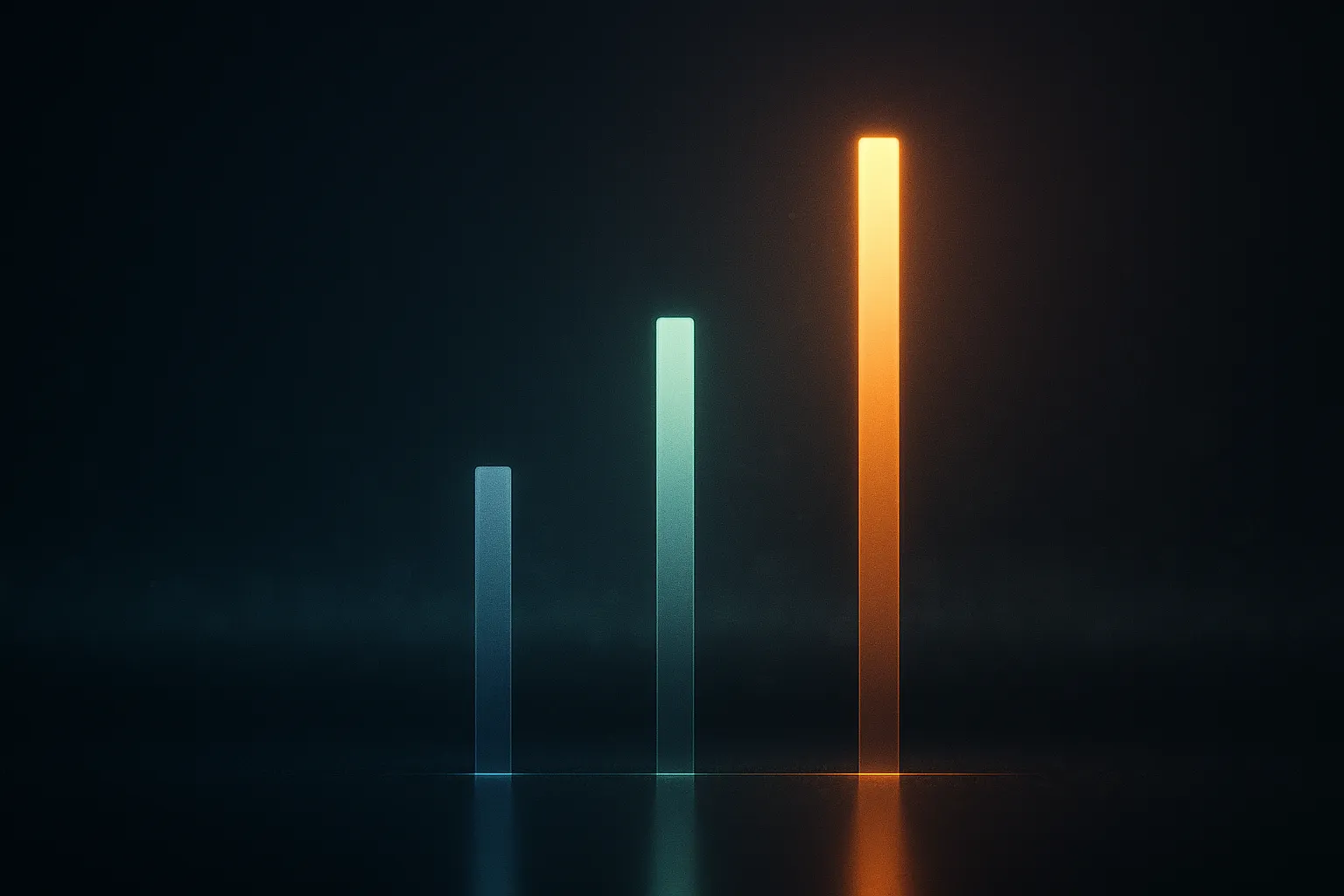 Three tall slender vertical columns of light at unequal heights rising from a thin reflective floor — the tallest amber-gold, the middle pale teal, the shortest muted silver-blue — against a dark navy field