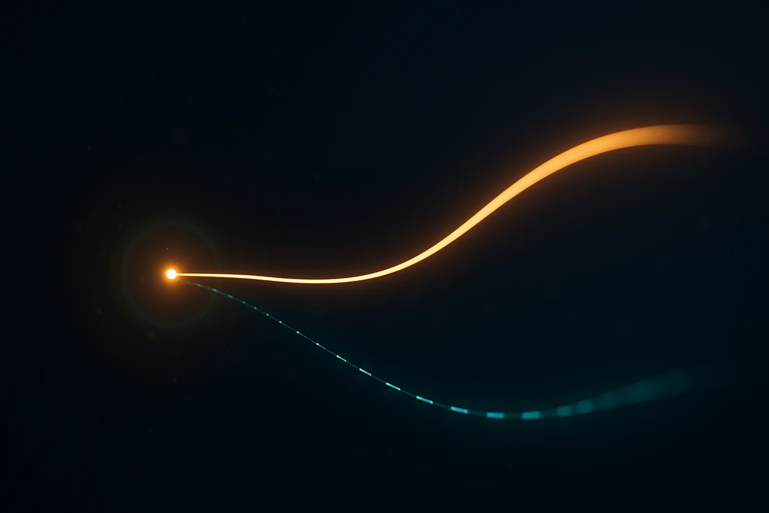 Two luminous threads diverging rightward from a single bright core — the upper amber-gold and continuous, the lower pale teal and broken into widening dashes — with a faint emerald ring around the shared origin, on a dark navy field