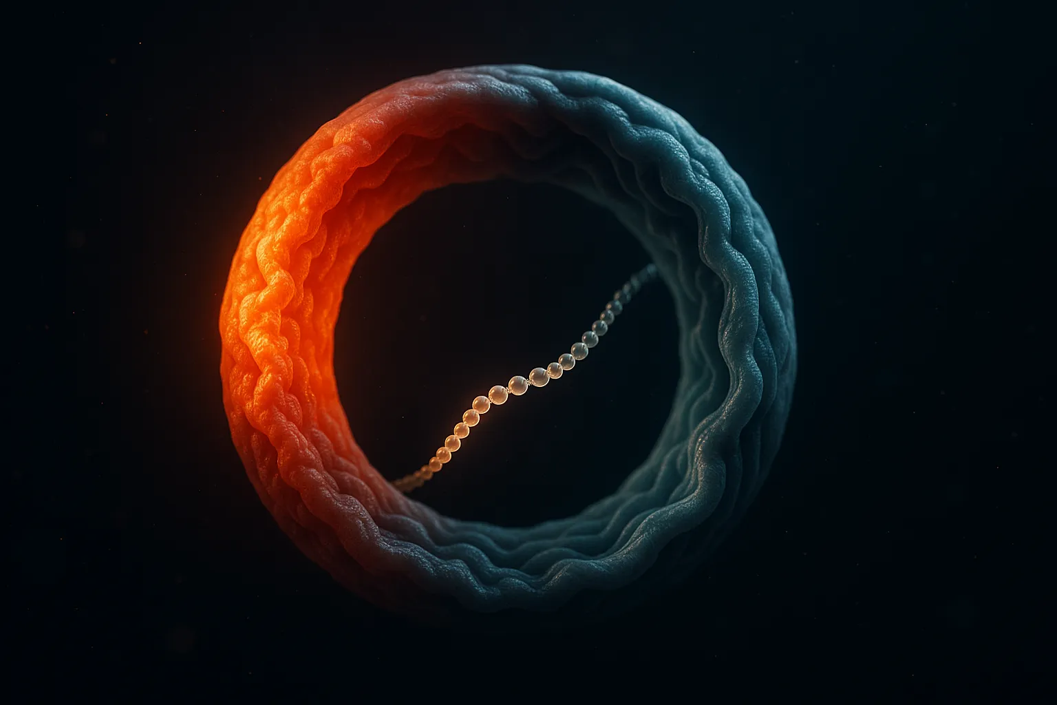 Dark abstract rendering of an intestinal lumen cross-section, its inflamed inner wall glowing hot amber on one side and cooling to calm teal on the other, with a fine peptide chain threading through the centre