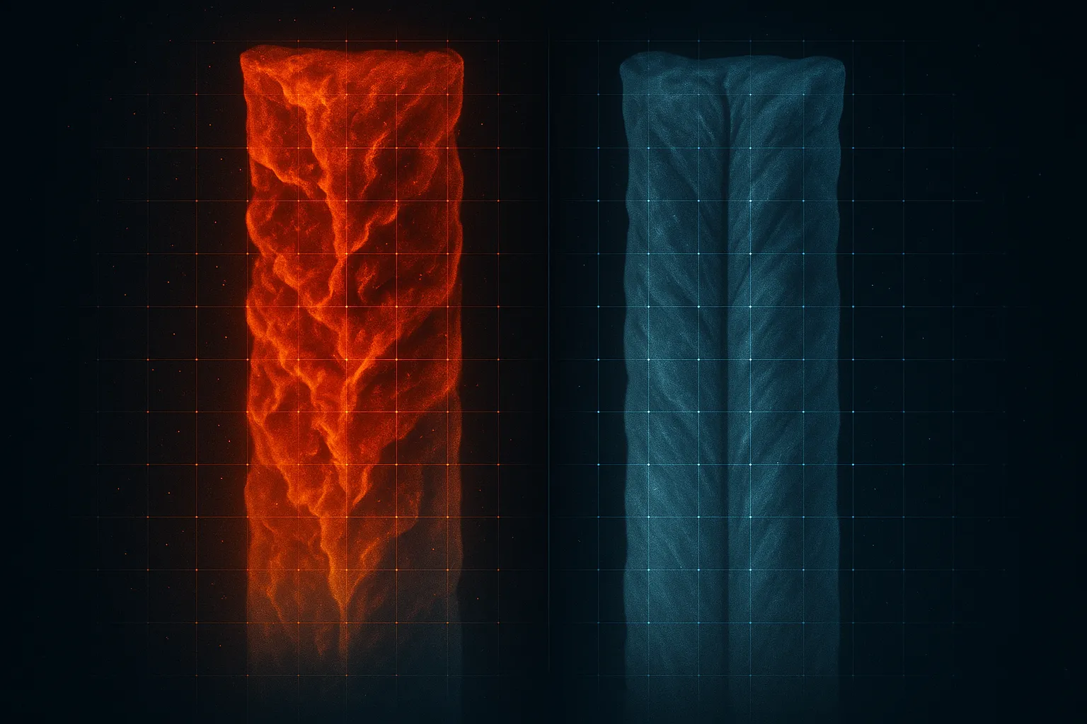 Two translucent columns of intestinal tissue side by side against a dark field, the left inflamed and rendered in hot amber, the right calm and rendered in teal, with a faint grid of data points overlaid across both