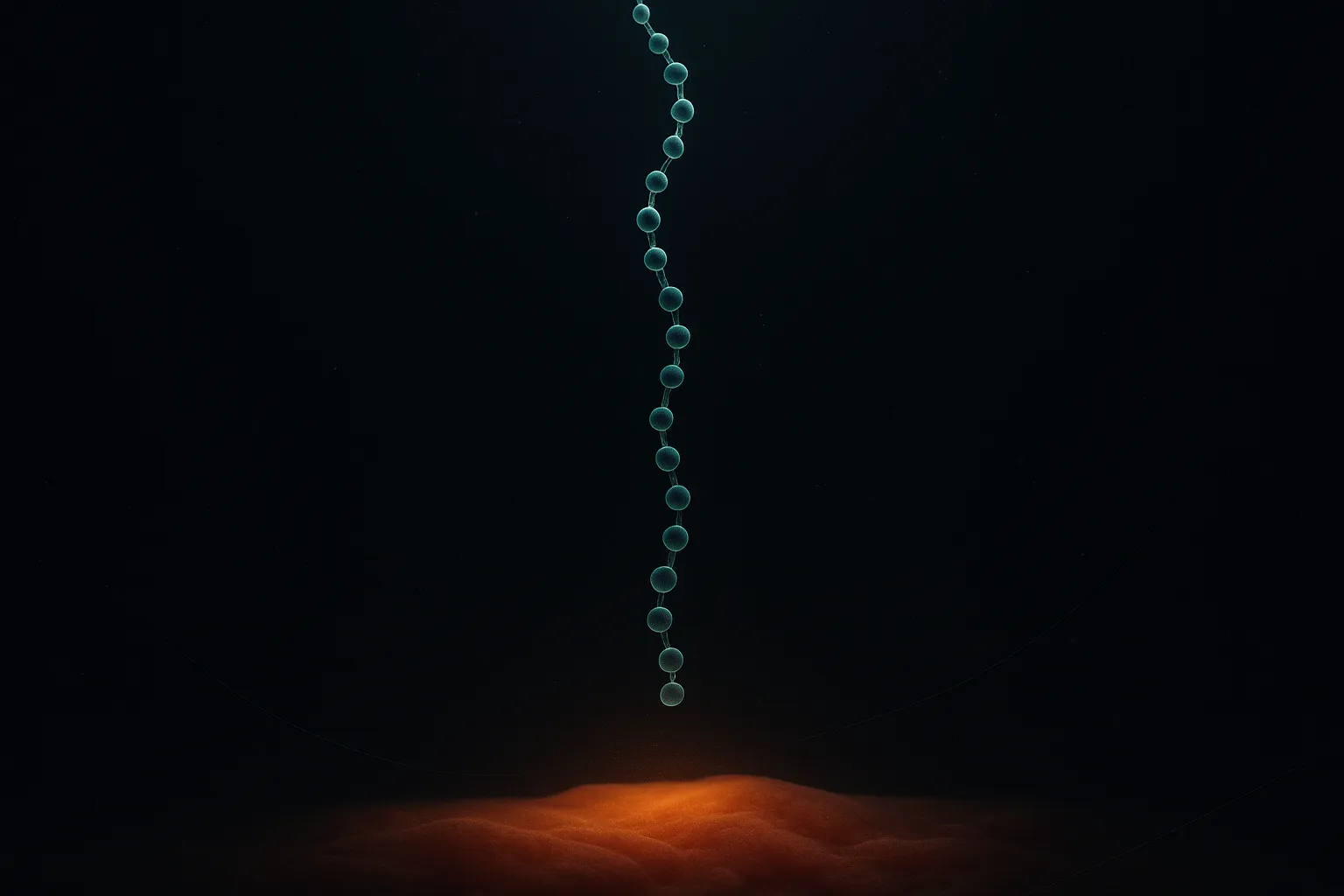 A single luminous teal peptide chain descending through dark tissue toward a glowing inflamed surface, with most of the chain still suspended above and unresolved