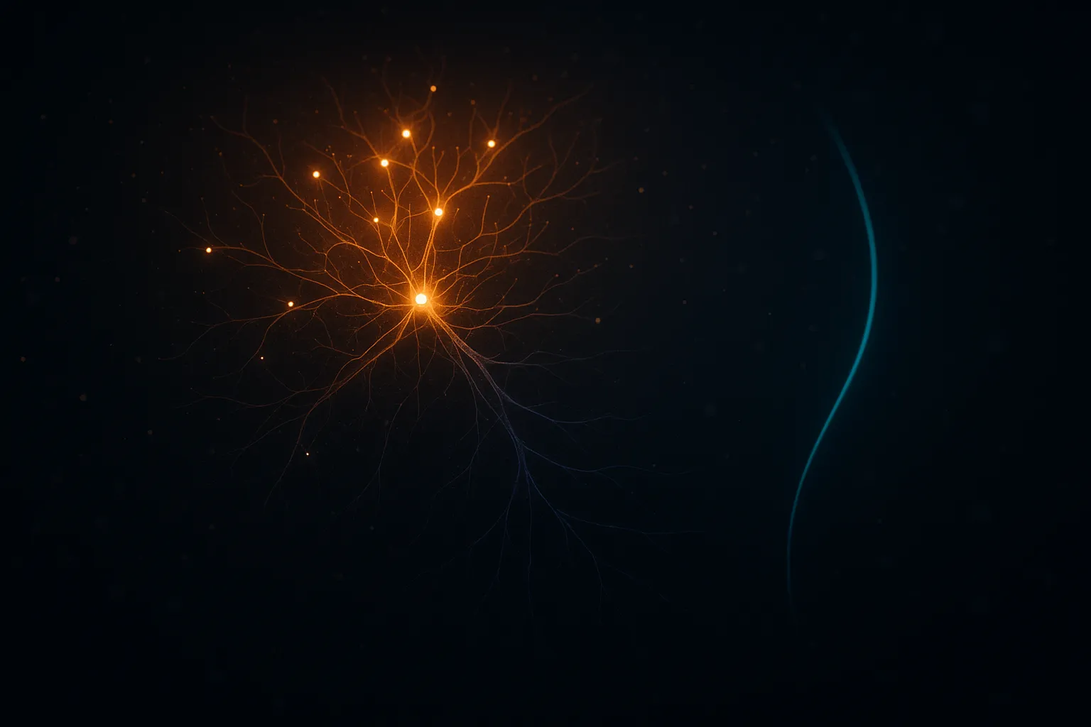 Abstract neural reward circuit against dark navy, its upper filaments glowing dense amber and its lower filaments fading into violet darkness, with a separate luminous teal curve climbing along the right edge