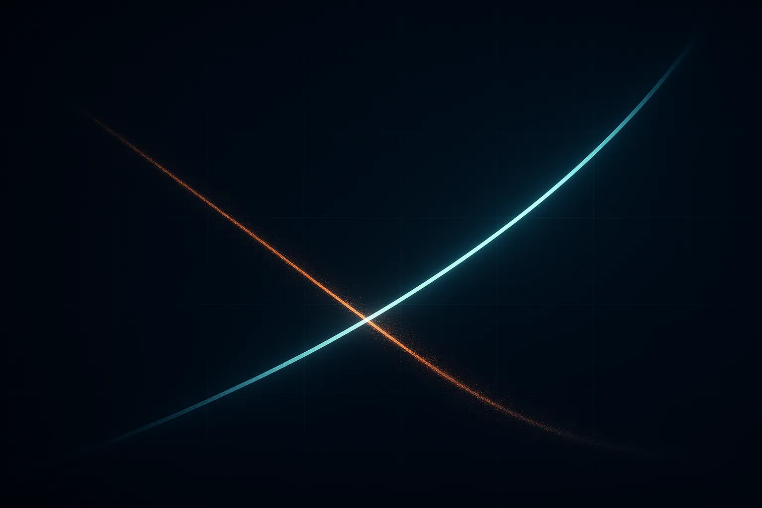 Two luminous curves crossing against a faint wireframe grid on dark navy, one climbing in calm teal and one descending in amber that dissolves into violet particles