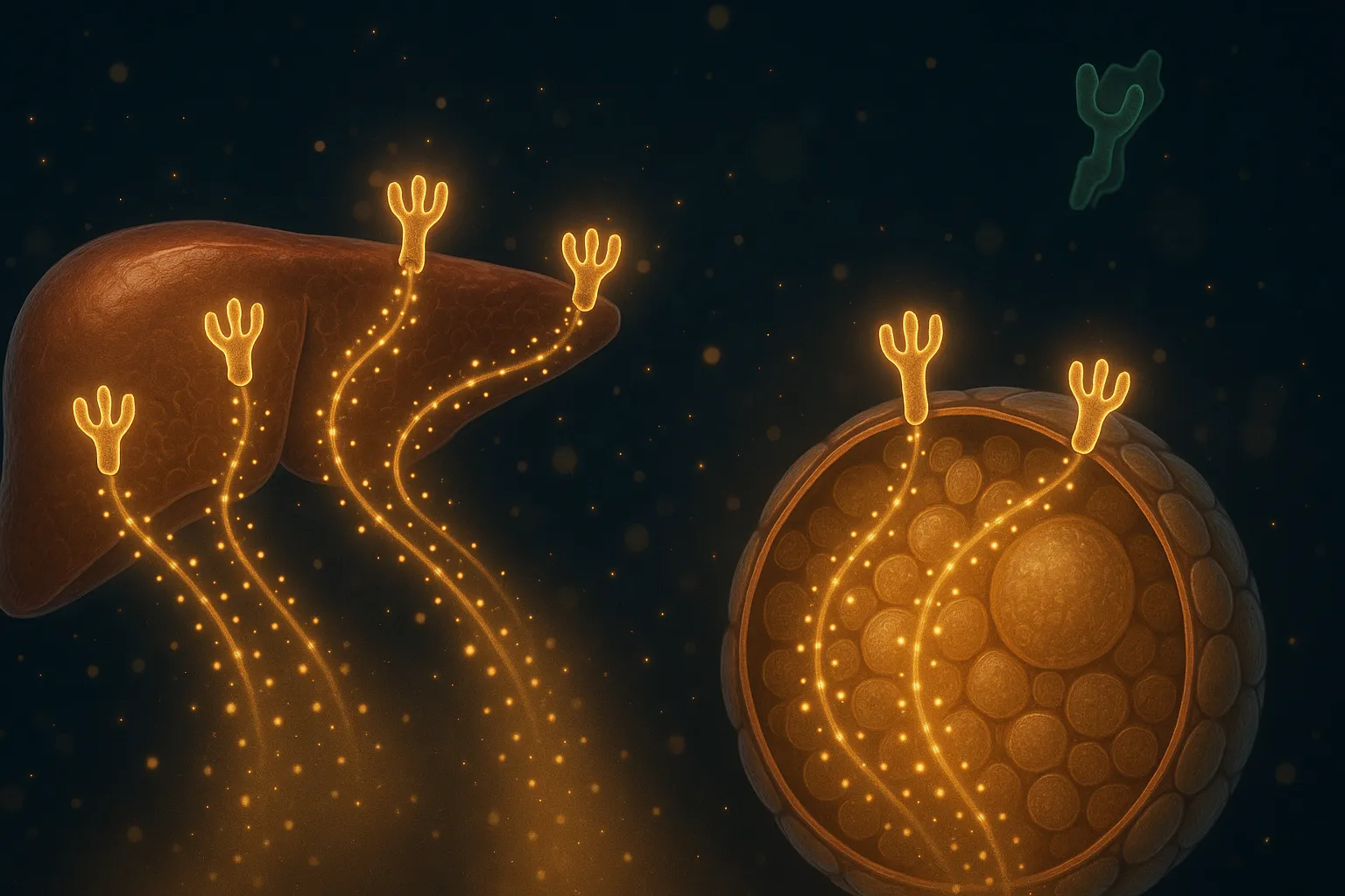 Dark navy abstract scientific imagery showing two brain regions and metabolic tissues with glucagon receptors illuminated in warm gold while a faded green GLP-1 receptor sits inactive