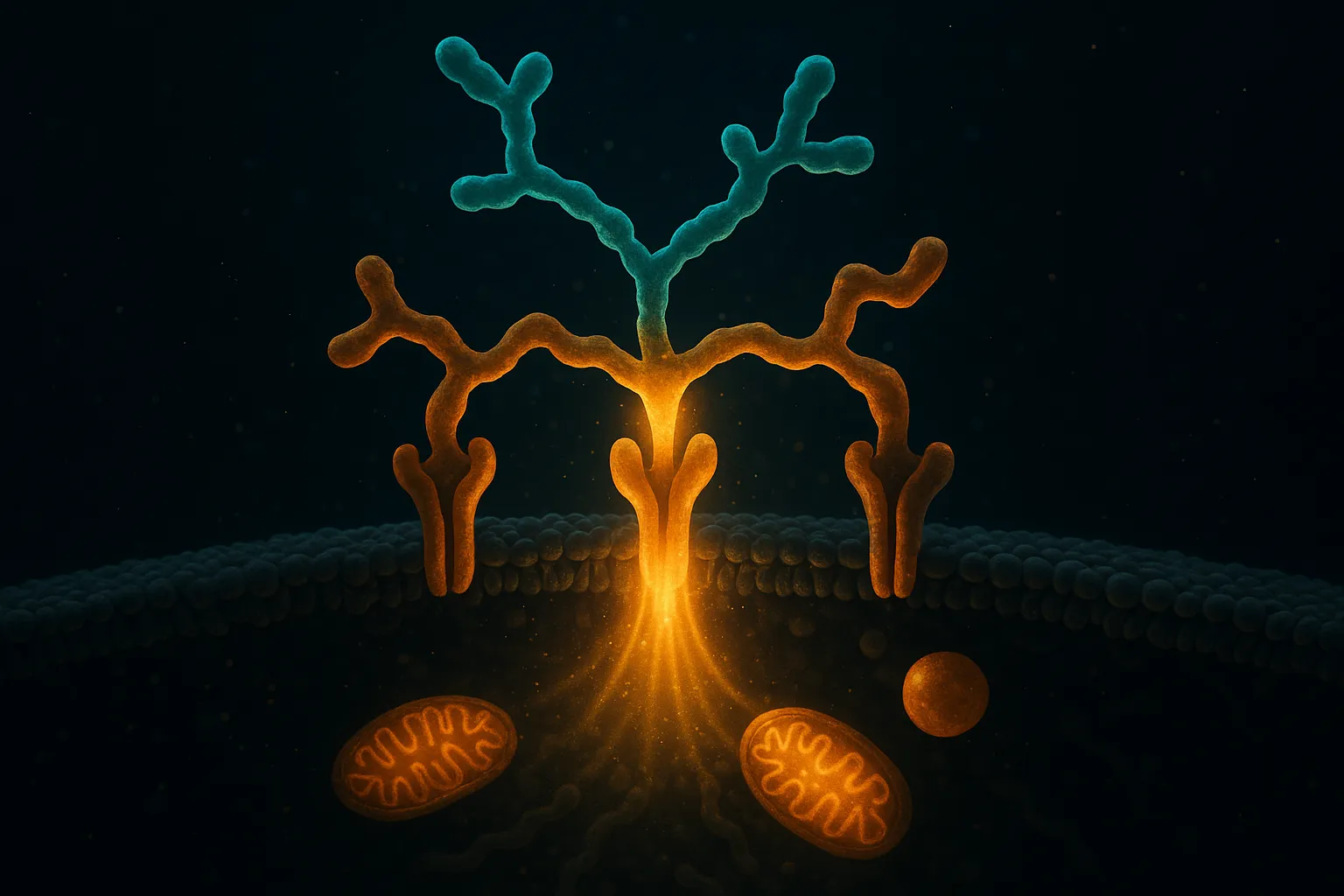 Dark navy futuristic medical visualization showing a multi-receptor peptide molecule binding simultaneously to GIP and glucagon receptors on adipocyte and liver cell membranes, with golden light cascading through metabolic pathways