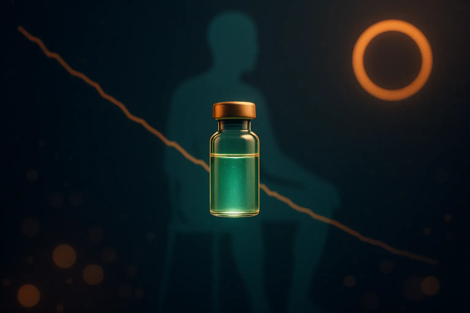 Declining daily step-count curve behind a glowing GLP-1 injection vial