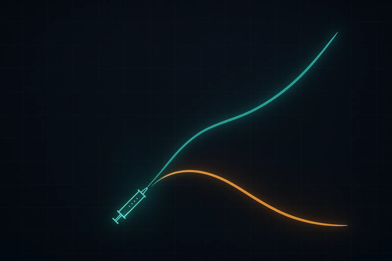 Two diverging trajectory lines — weight loss rising, daily steps falling — splitting from a GLP-1 vial