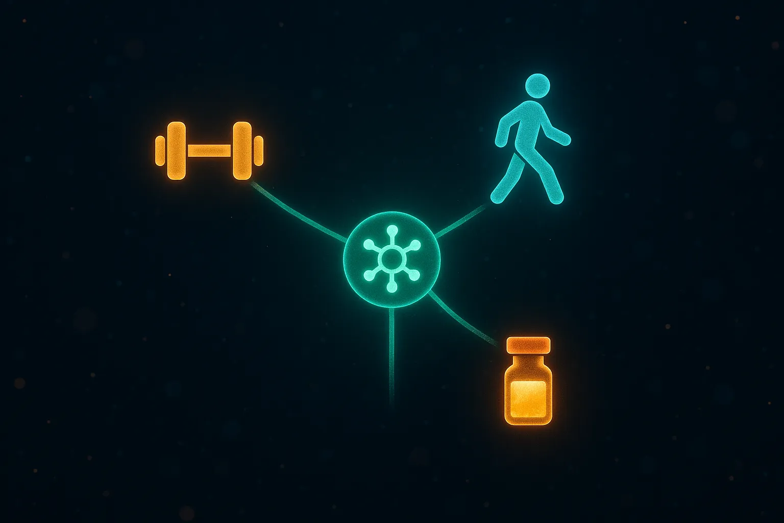 A central GLP-1 node branching to resistance training, daily steps, and a muscle-preserving peptide vial
