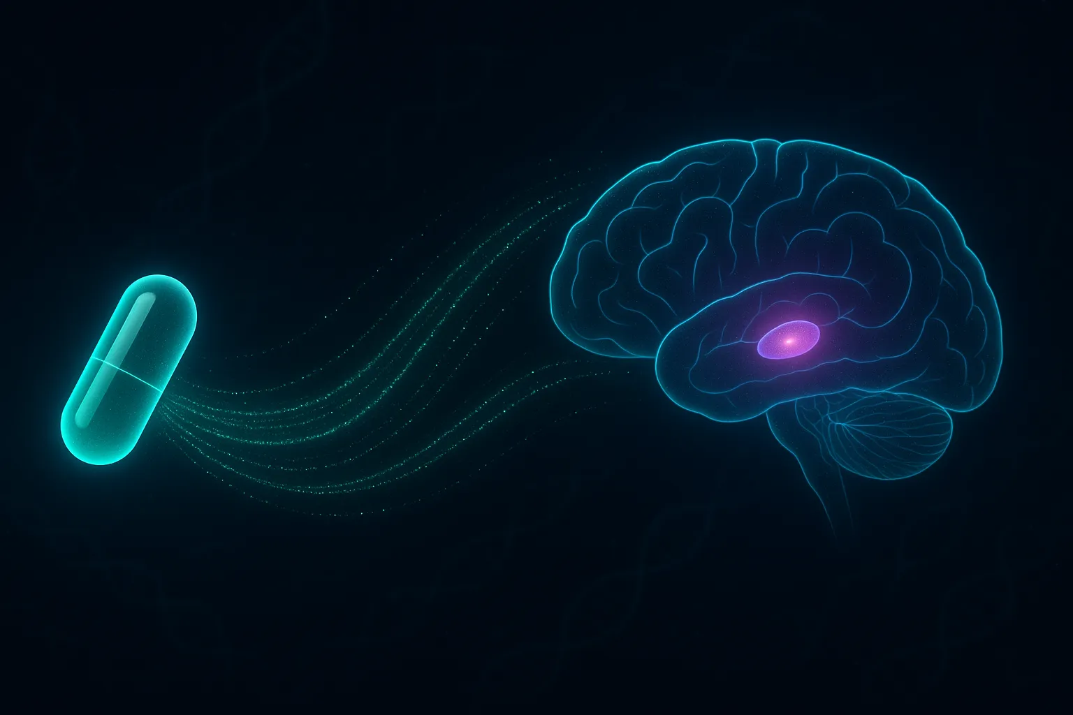 Glowing pill capsule and brain reward circuit visualization on dark navy background