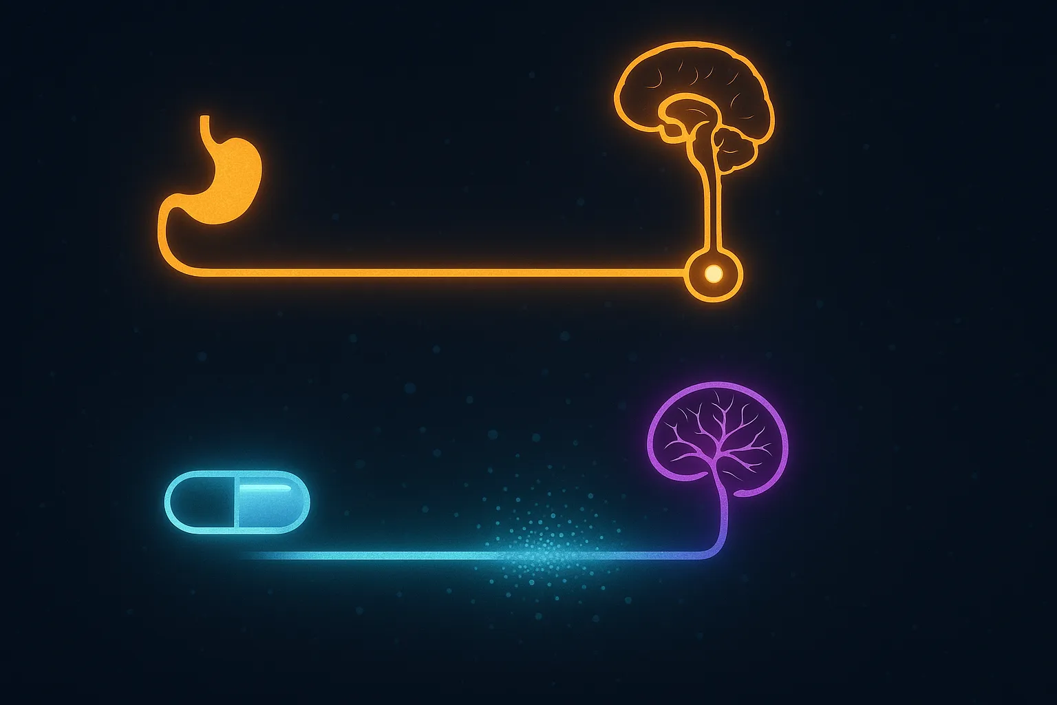 Schematic of homeostatic versus hedonic feeding pathways with parallel glowing nodes