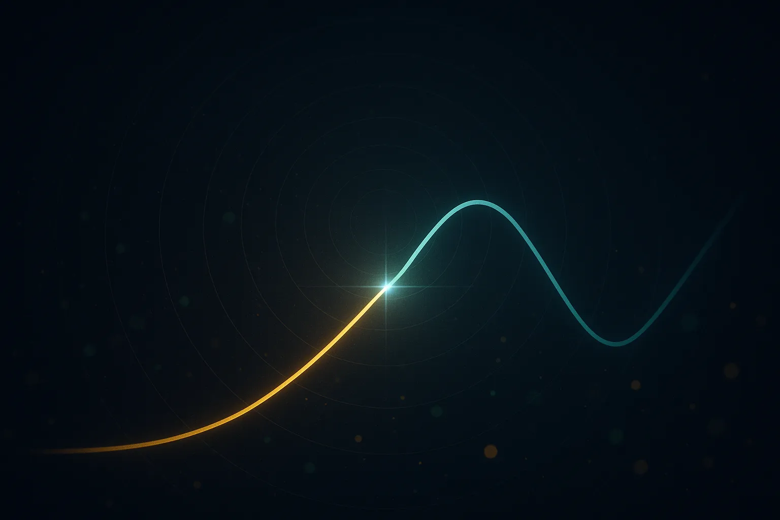 Two crossing statistical curves, gold rising and teal falling, meeting at a bright node on dark navy background