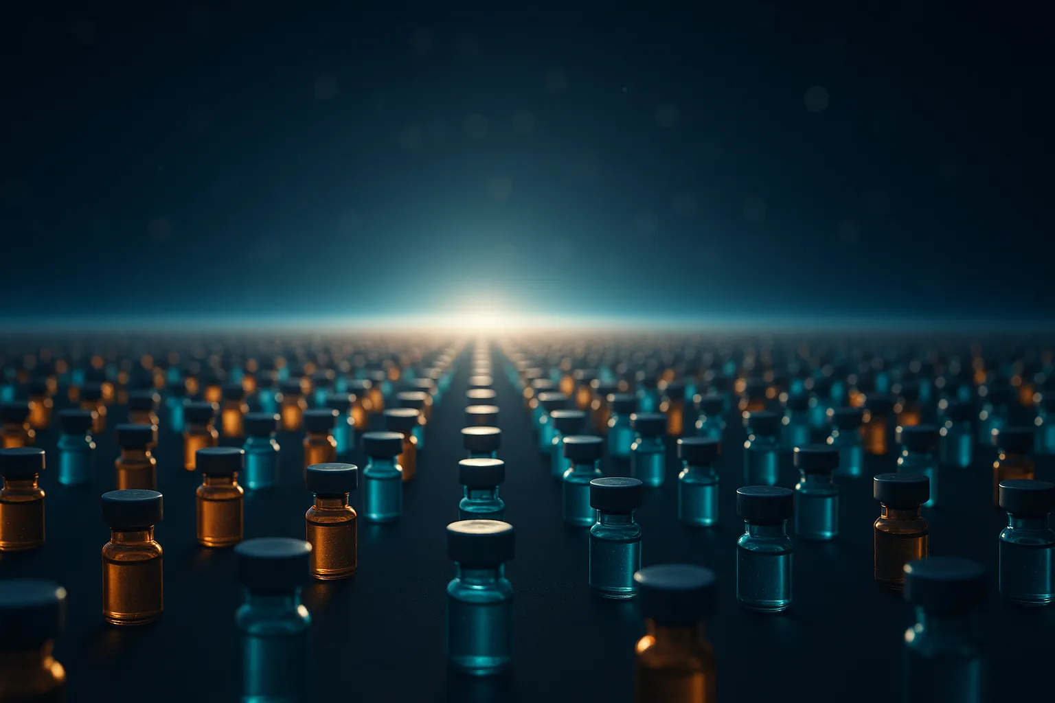 A widening field of luminous vials receding into distance under a bright horizon on dark navy background
