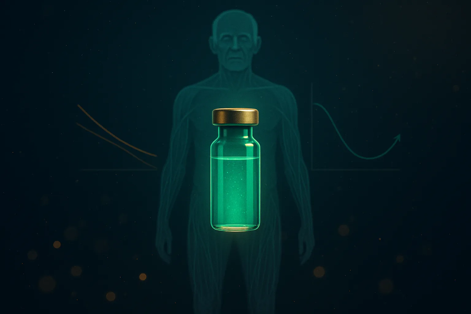 Glowing emerald GLP-1 injection vial with faded older human silhouette and muscle-mass trajectory curves on dark navy background