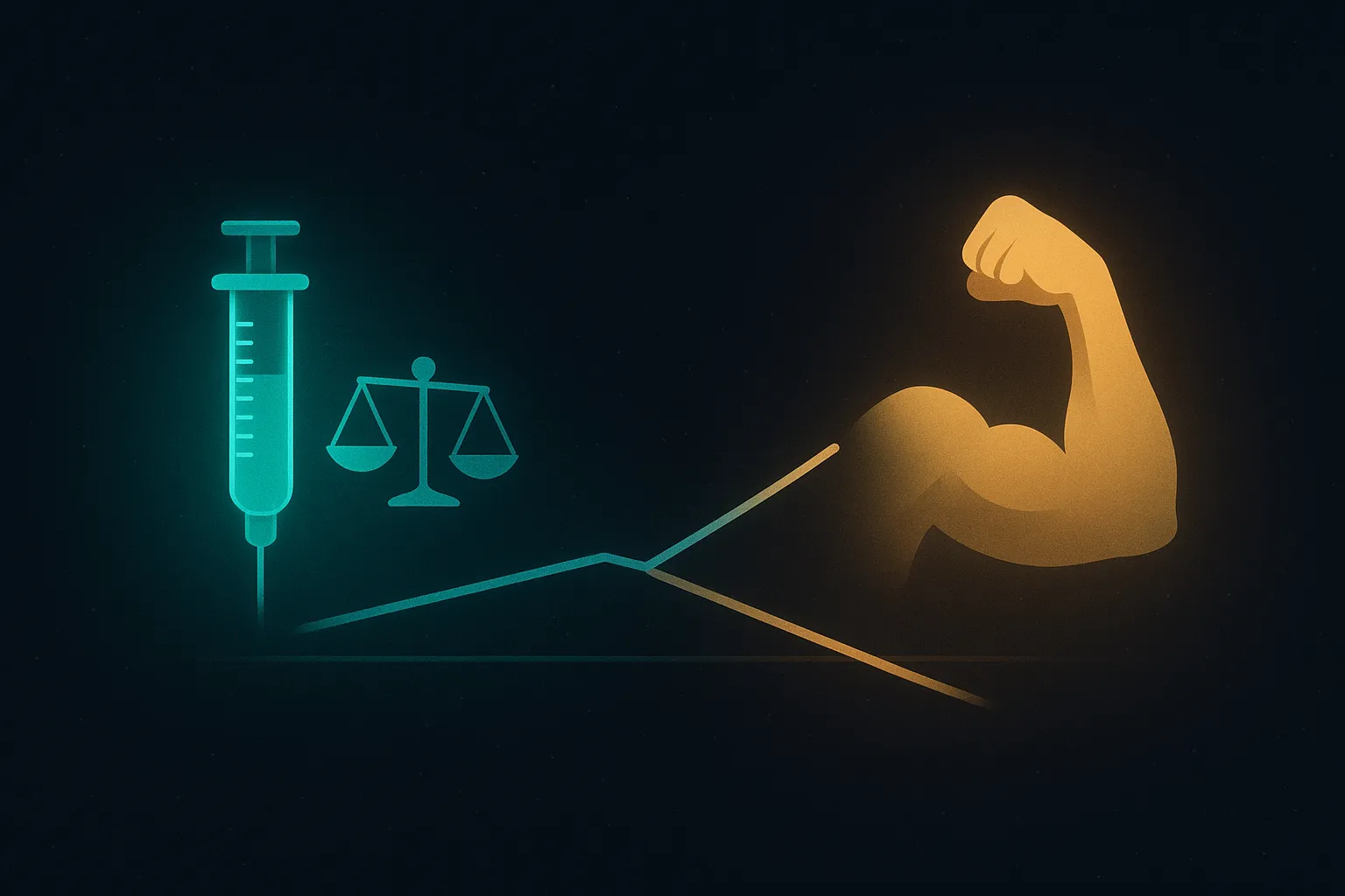 Comparison of weekly versus monthly GLP-1 dosing vials with divergent fat-loss and grip-strength trajectory lines on dark navy