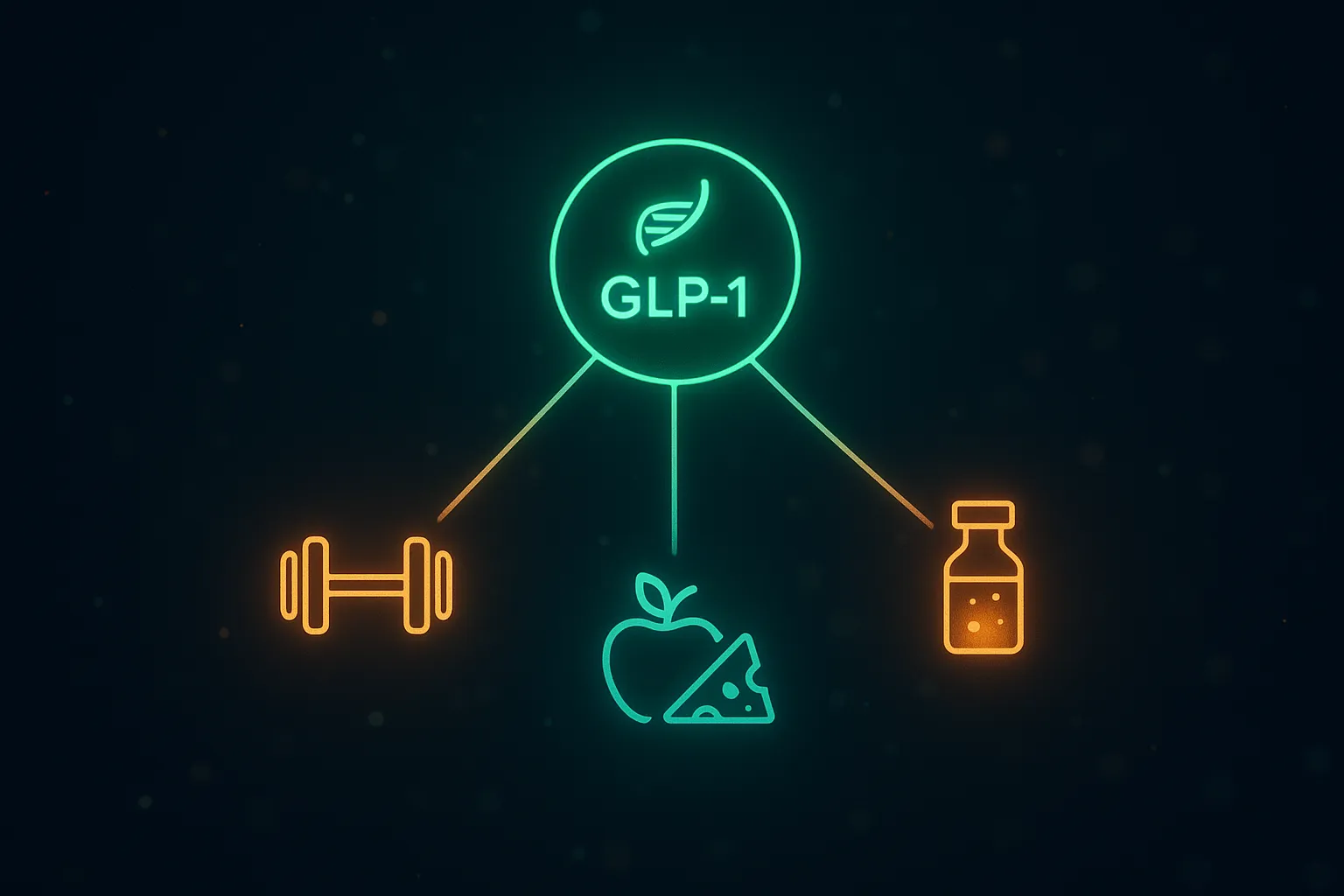 Branching peptide-stack pathways from a central GLP-1 node leading to dumbbell, protein, and adjunct peptide nodes on dark navy