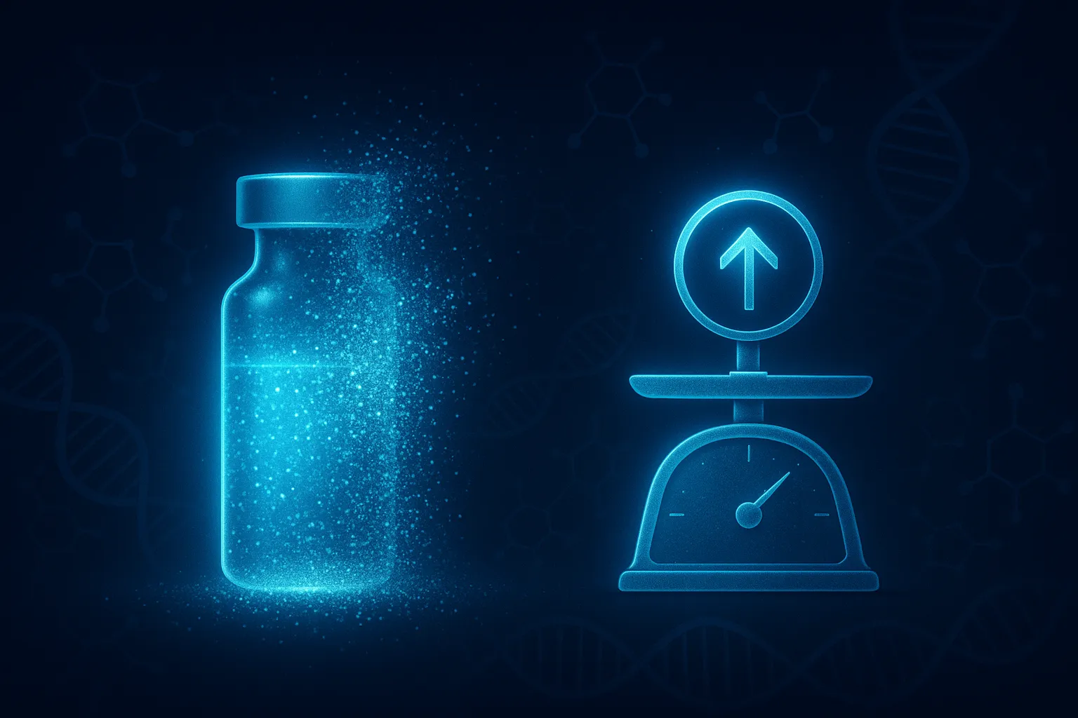GLP-1 peptide vial dissolving with weight scale on dark background