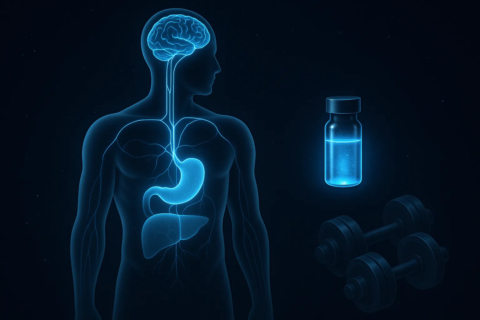 Human body with metabolic pathways and peptide vial