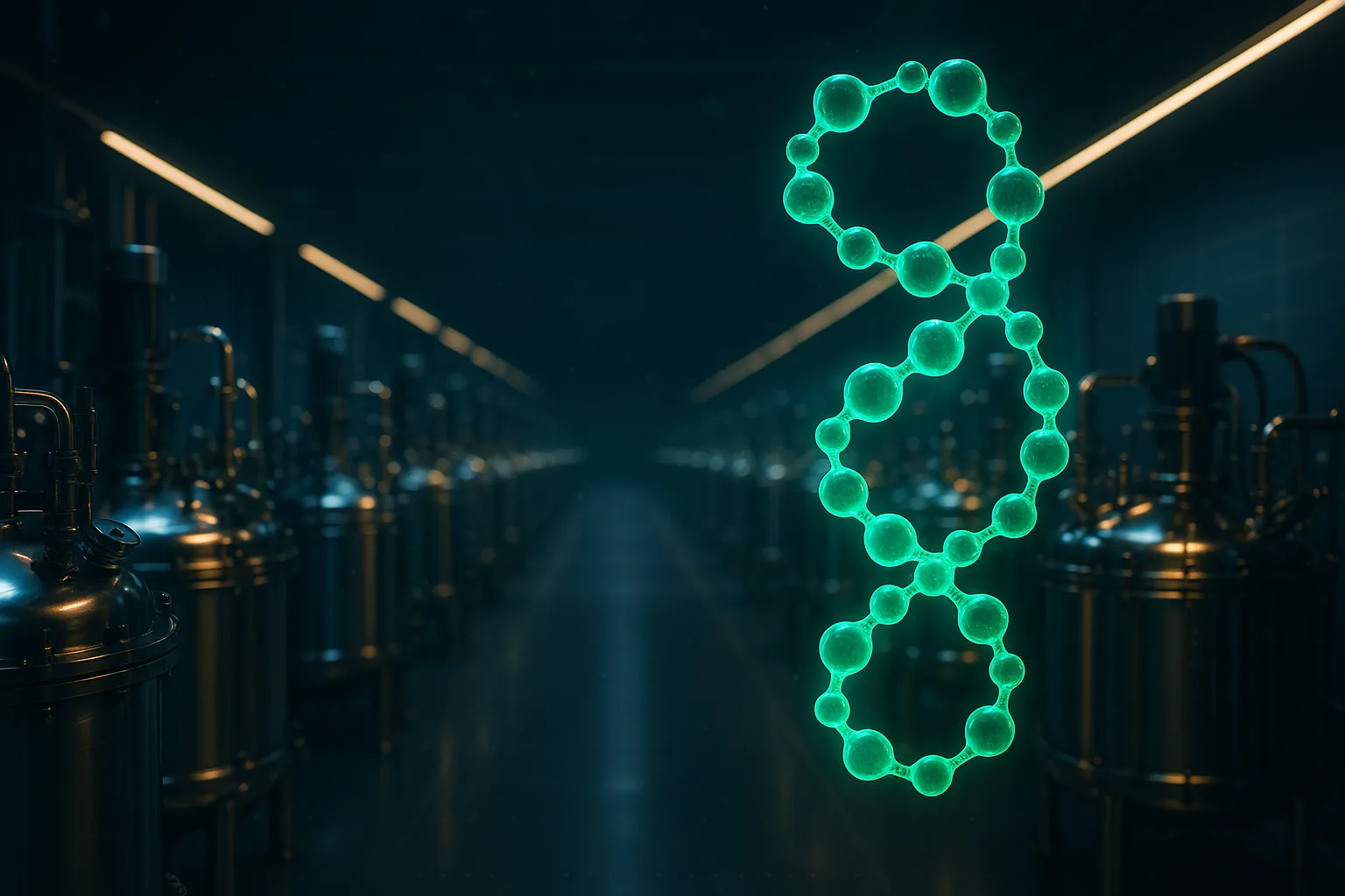 Large-scale sterile compounding facility with a glowing peptide molecule in the foreground, illustrating telehealth entry into the peptide market