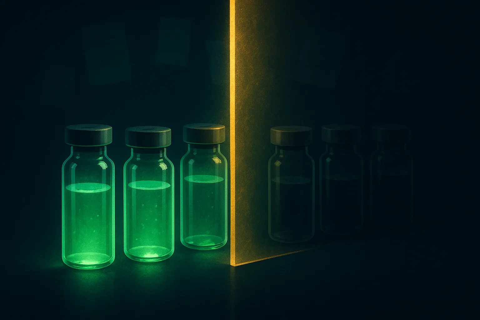 Three vials in open light beside three more waiting behind a translucent barrier, representing peptides cleared for launch versus peptides pending FDA rulemaking