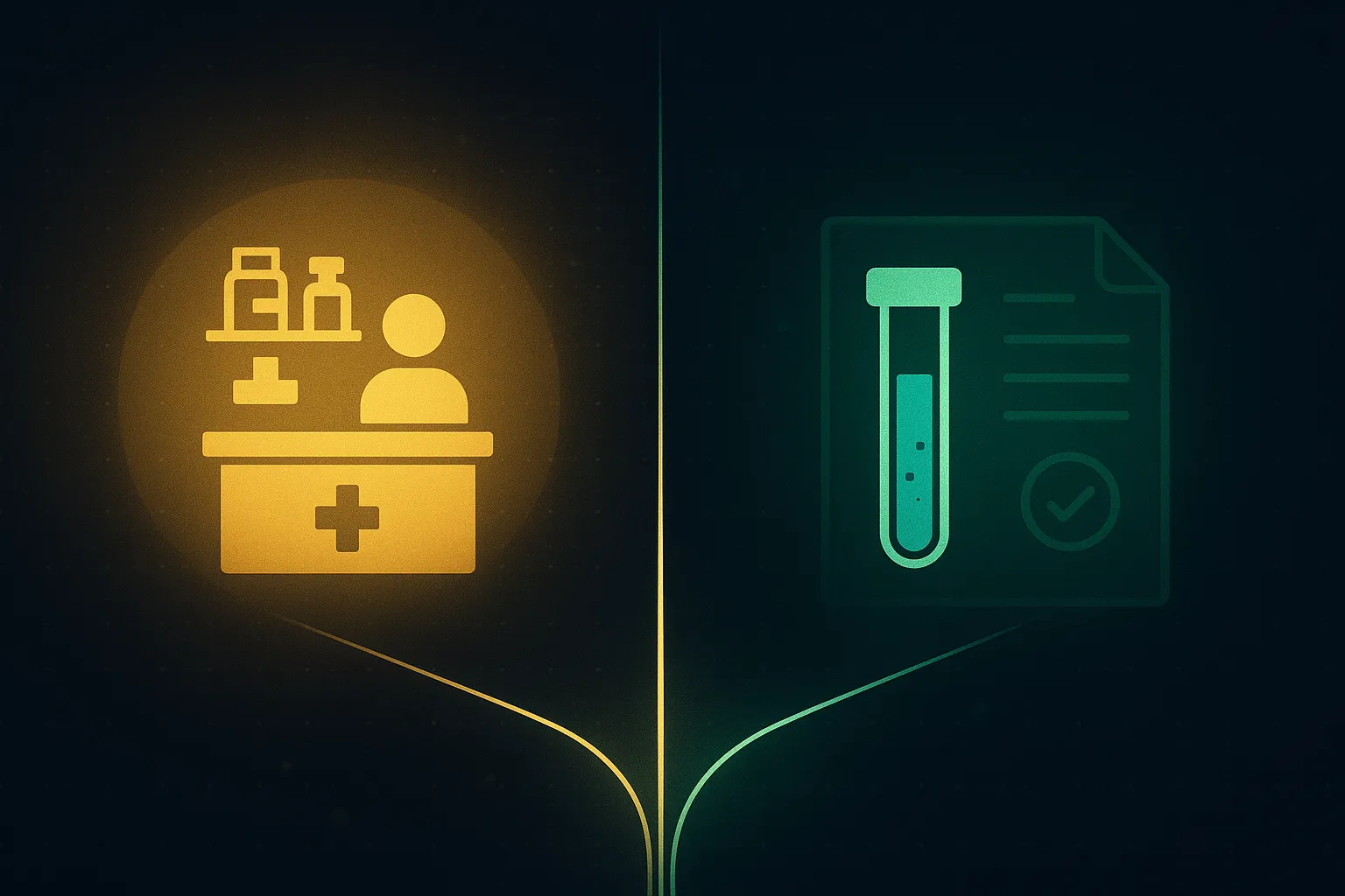 Diverging paths showing a clinical dispensing route on one side and a research vial with certificate of analysis on the other