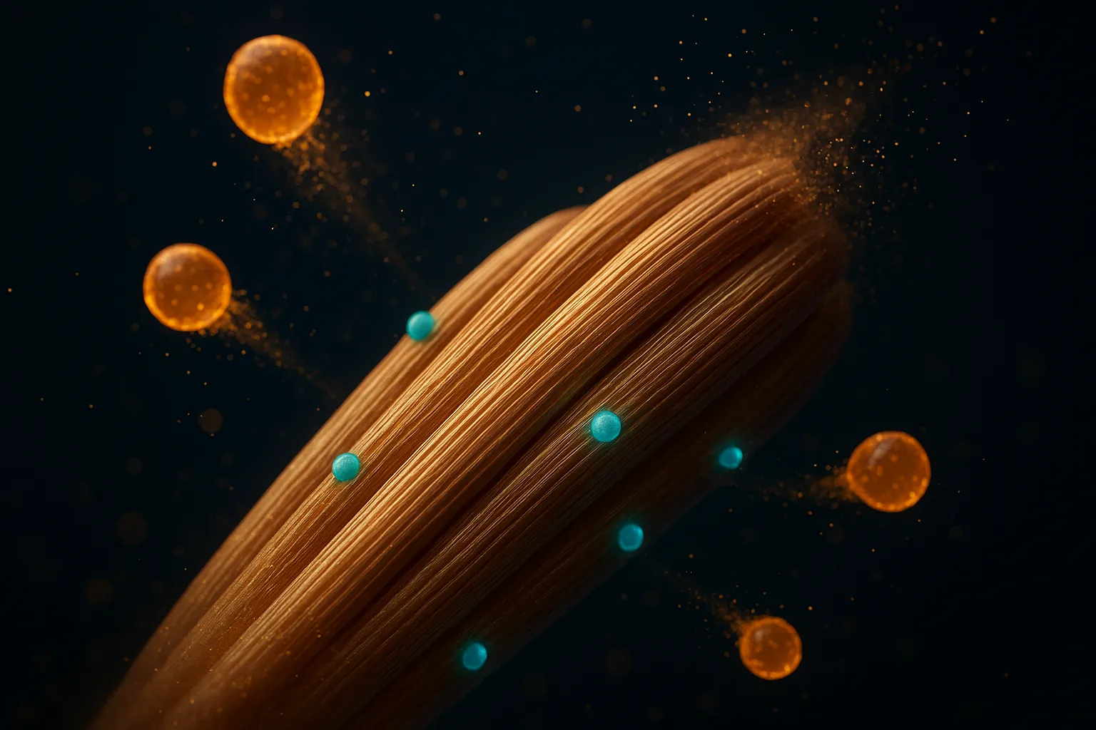 Luminous bundle of skeletal muscle fibres holding structure while surrounding fat droplets dissolve into particles, with teal receptor nodes glowing on the fibre surface