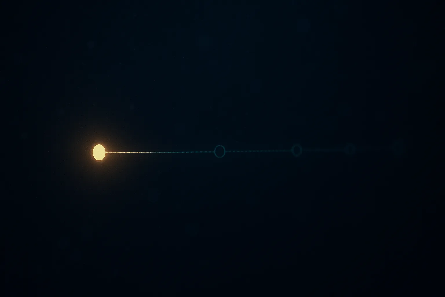 A luminous horizontal development track brightly lit only at its leftmost segment, the remaining length fading into dim dotted outlines and unlit distant markers