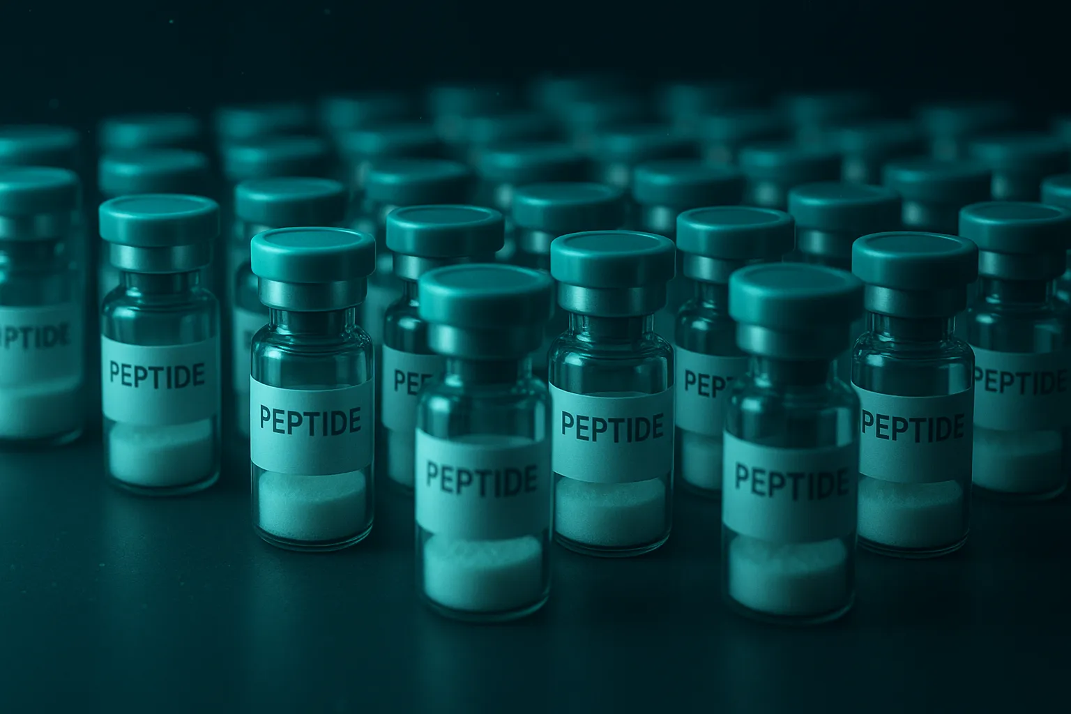 Rows of glowing research peptide vials arranged on a dark surface representing a bulk supply