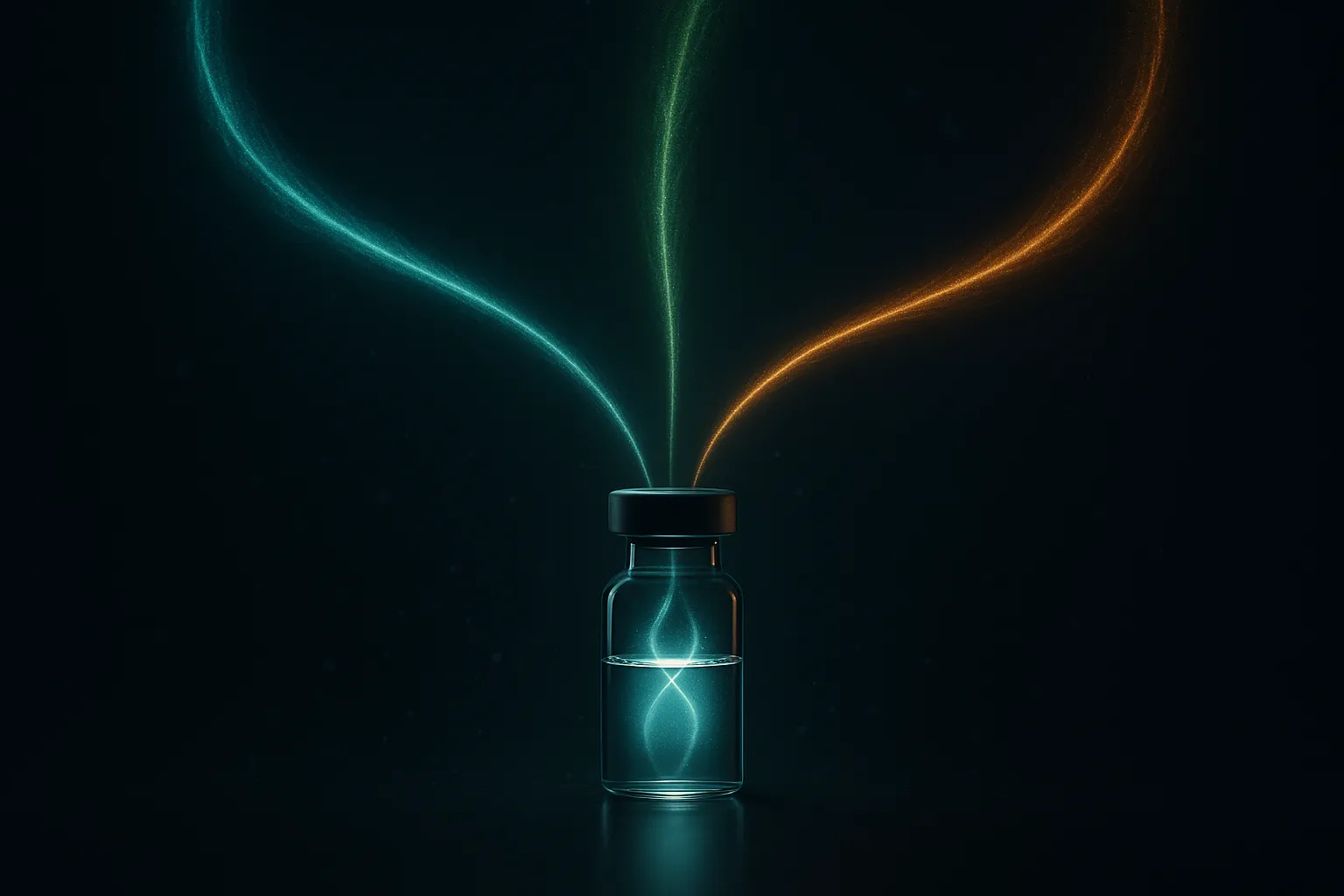 A single glowing glass vial on a dark reflective surface with three light streams in teal, emerald and amber spiraling into it, representing one molecule activating three receptors