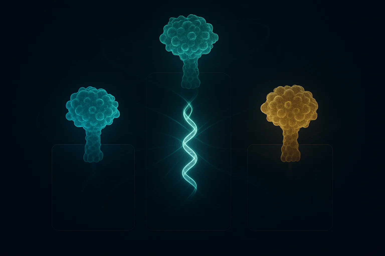 Three glowing receptor structures in teal, emerald and amber arranged in a triangle, with a single peptide strand at the center docking into all three