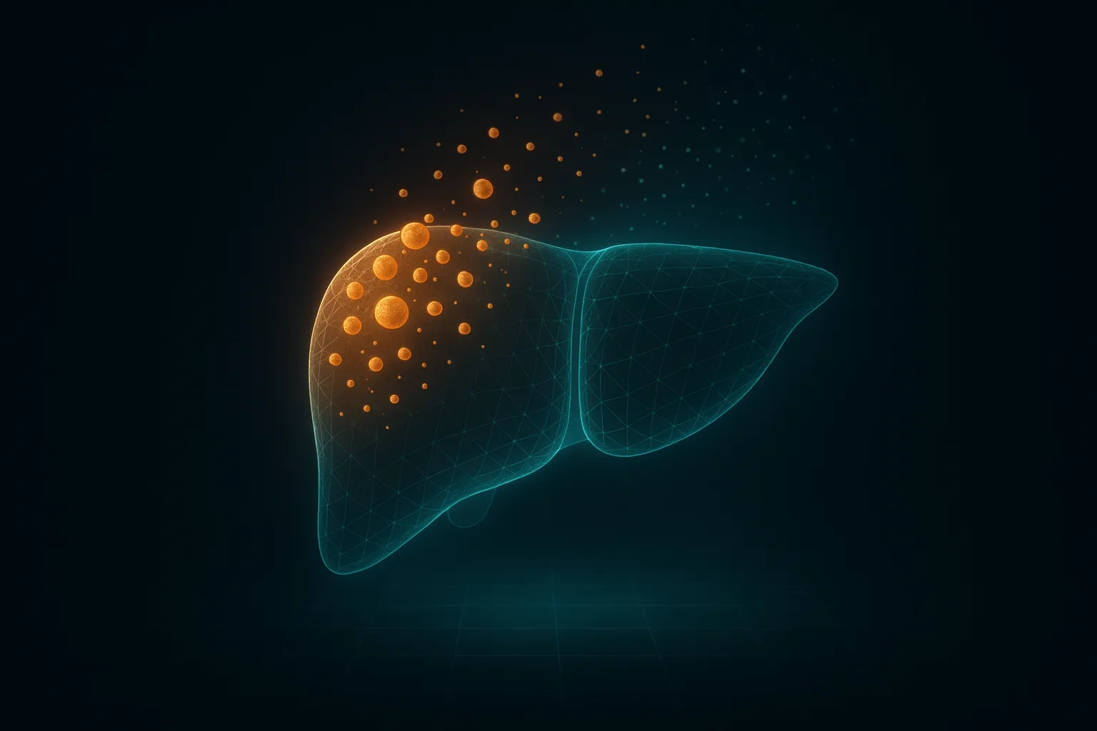 A translucent glowing wireframe liver silhouette with amber fat-droplet particles dissolving into cool teal light, representing reduced liver fat