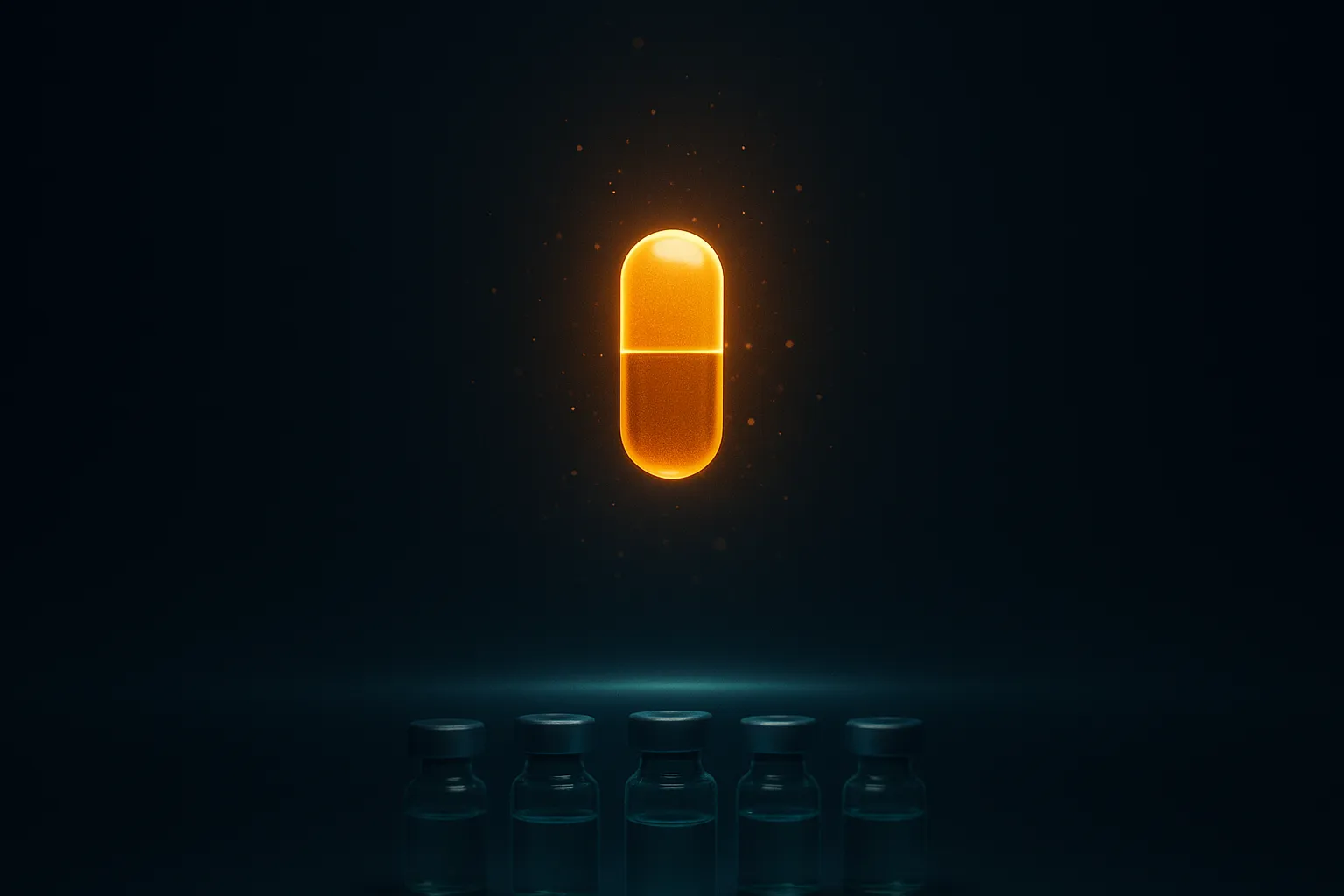 Glowing gold oral GLP-1 pill hovering over a horizon of injection vials on dark navy background