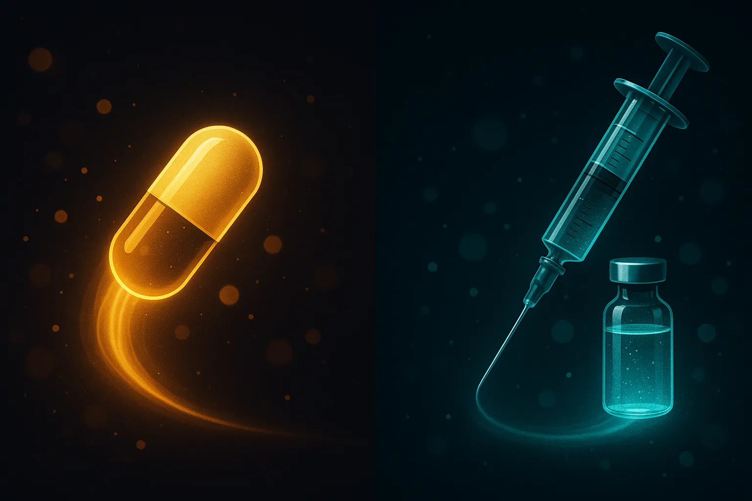 Gold oral pill and teal injection vial facing each other on dark navy background