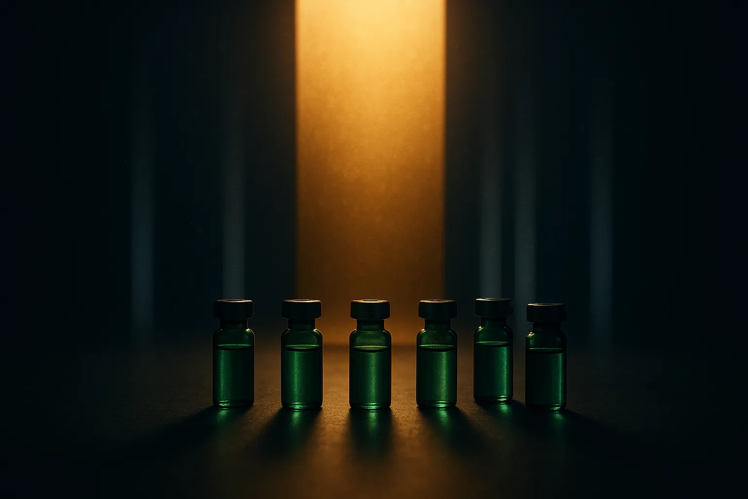 Six small emerald vials standing in a row on a dark reflective plane, each caught in its own descending column of pale light, with an enormous warm gold monolith looming across the horizon behind them