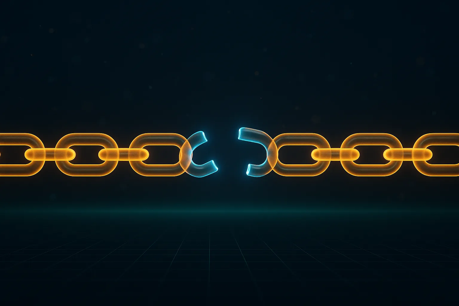 A horizontal chain of glowing gold link nodes stretching across a dark field with three central links severed and floating apart, an unbroken emerald plane of light continuing below