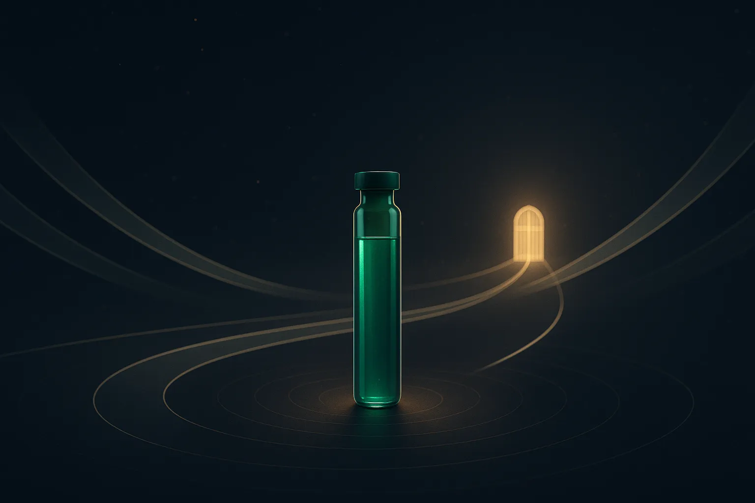 A tall emerald vial at the centre of a wide arc of pale luminous bands curving toward a distant closed gold gate on the horizon