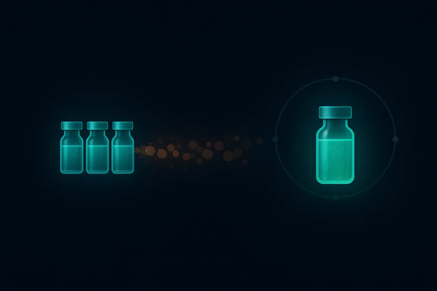 Side-by-side comparison visualization on dark navy space background, with three small glowing weekly vials clustered tightly on the left labeled with subtle weekly interval markers, transitioning across a horizontal bridge of soft amber bokeh to a single larger emerald monthly vial on the right surrounded by a faint quarterly dial of four widely-spaced markers