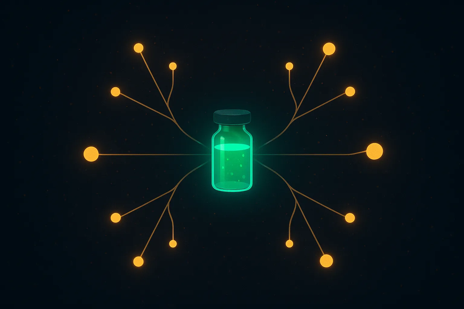 Branching pipeline diagram on dark navy space background showing one central emerald MariTide vial with six branching paths radiating outward in soft amber bokeh — paths labeled subtly with intuitive icons for obesity, diabetes, cardiovascular, heart failure, switching, and extension — clean, scientific, decision-tree feel, no text or numbers