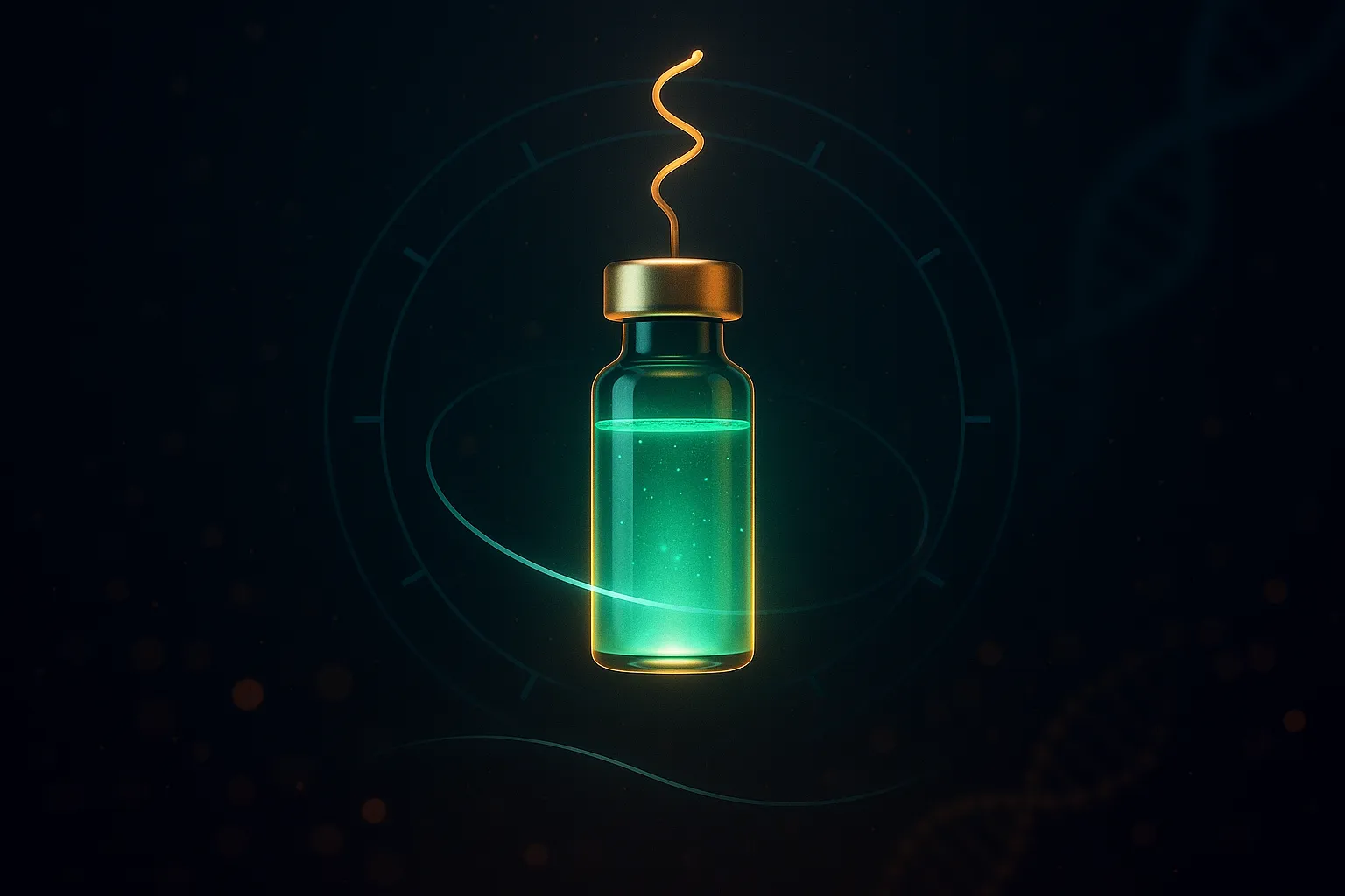 Single glowing emerald-and-gold injection vial centered on dark navy space background, surrounded by a faint circular calendar dial with 12 monthly tick marks and a small peptide ribbon ascending from the vial, representing MBX 4291 once-monthly GLP-1 GIP prodrug