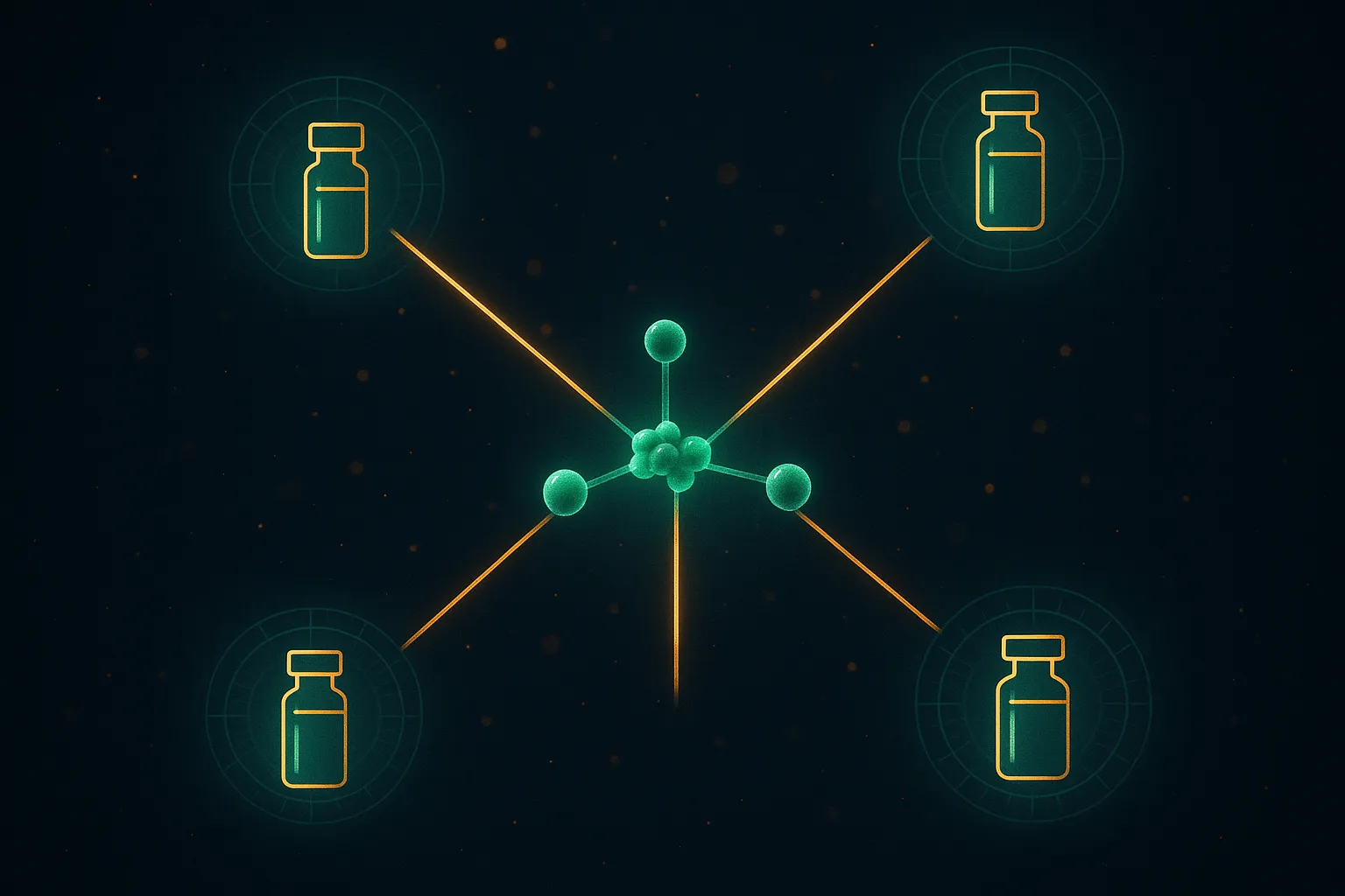Branching pathway diagram showing a central peptide molecular node with three radiating paths — one to a tight cluster of weekly vials, one to a single monthly vial with a calendar halo, one to an oral pill capsule, against a dark navy background with warm gold accent particles