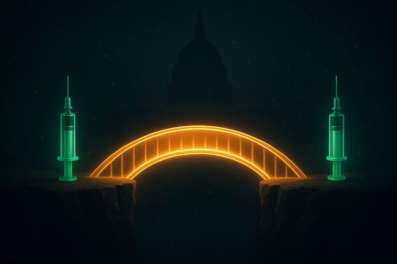 Dark navy regulatory illustration of a glowing gold bridge spanning between two cliff edges, with stylized emerald GLP-1 peptide vials on each side, representing the Medicare GLP-1 Bridge and Medicaid BALANCE coverage launch