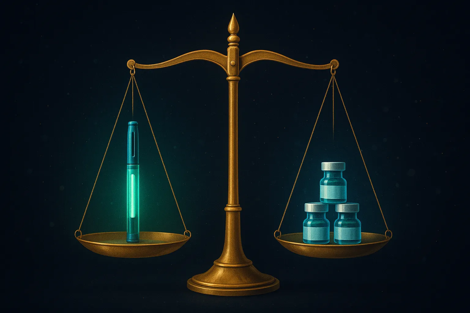 Abstract gold scales weighing branded GLP-1 vial against a stack of compounded peptide vials, dark navy backdrop, regulatory pricing visualization