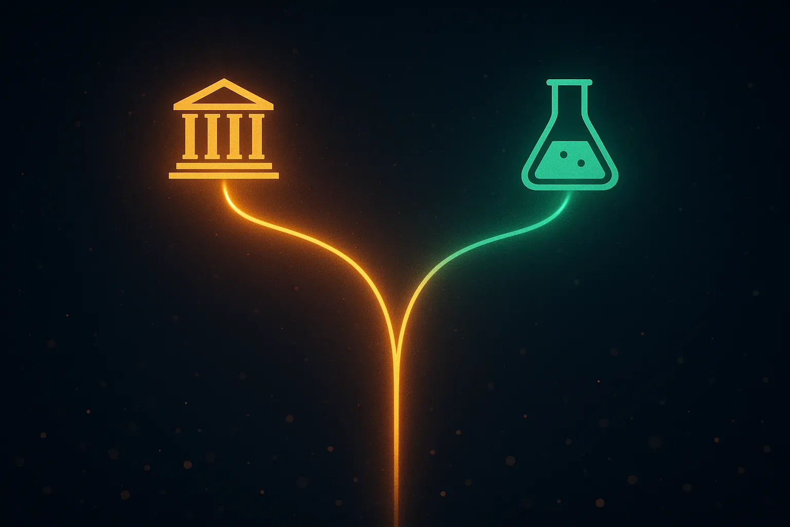 Two diverging gold paths illustration on dark navy background, one path leading to a federal building silhouette and one path leading to a laboratory glassware silhouette, representing the bifurcation of branded GLP-1 coverage versus compounded peptide channels