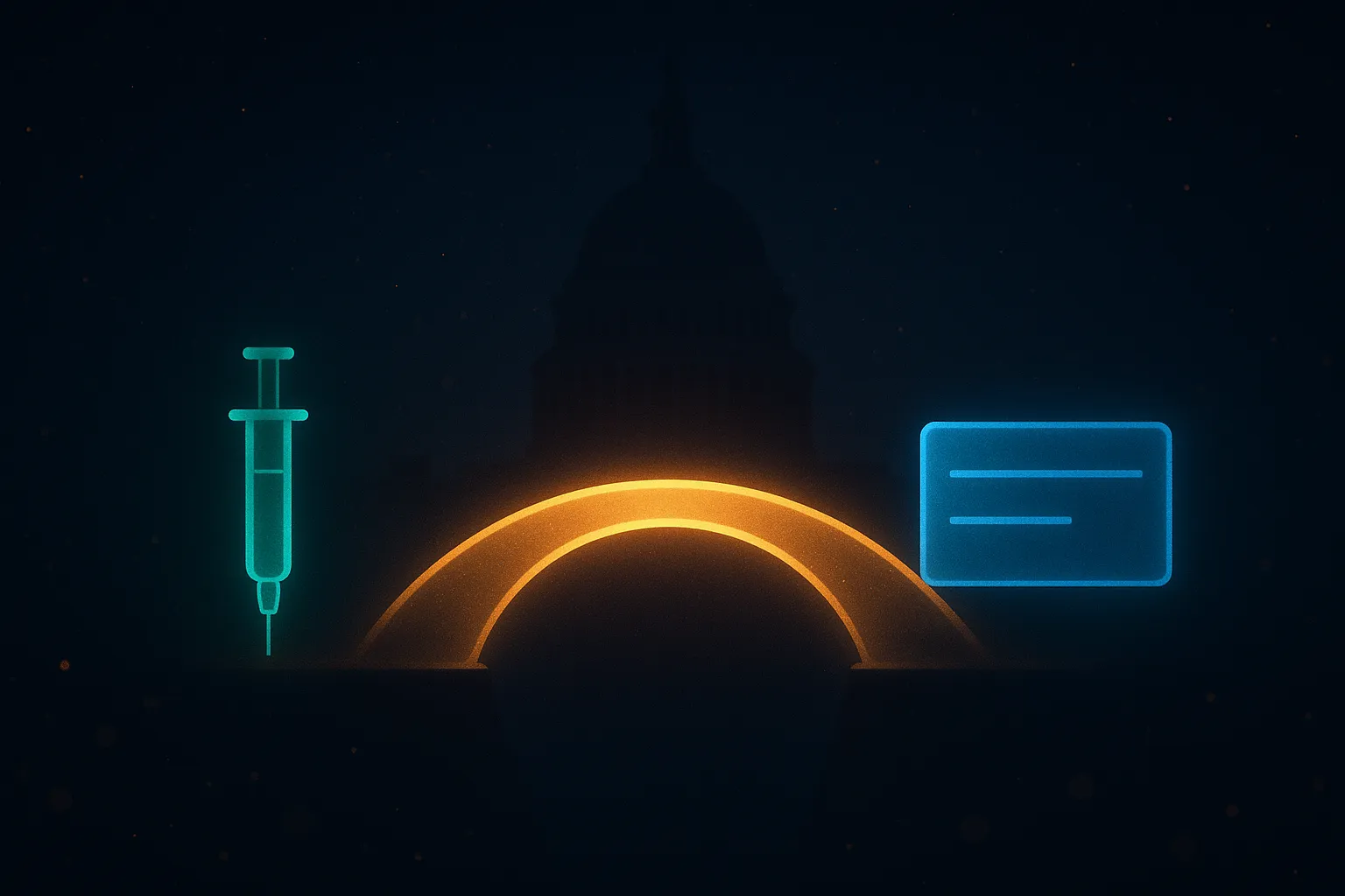 Dark navy illustration of a glowing gold bridge arcing over a dark gap, an emerald GLP-1 injection pen on the near side and a Medicare-blue card silhouette on the far side, representing the Medicare GLP-1 Bridge coverage launch