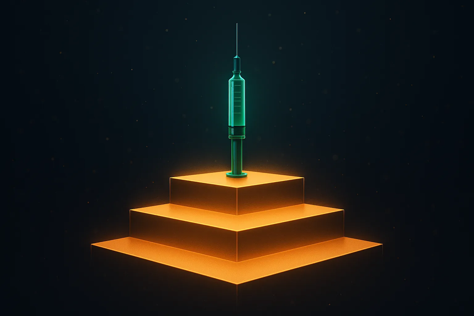 Abstract gold checklist and eligibility gate on a dark navy background, three glowing tiers stacked like a staircase, emerald injection pen at the top, regulatory eligibility visualization